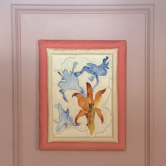 Vintage Hand Painted Embroidered & Embellished Lily in Handmade Frame